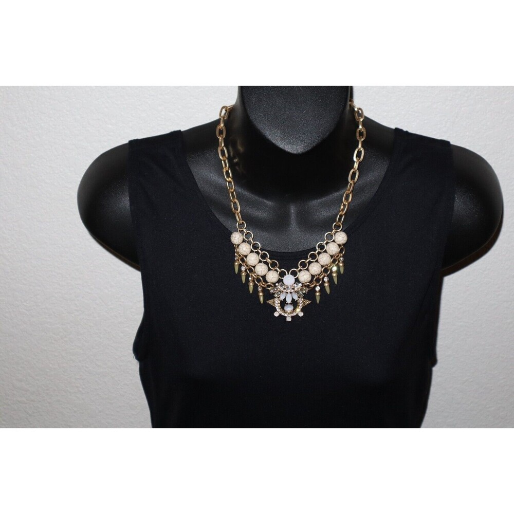 Gold Tone Chain Link Bead Necklace White Marbled Faux Howlite Rhinestone AB 17"+ - Picture 1 of 10